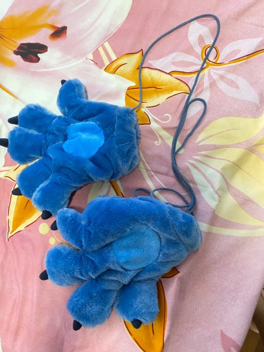 Blue Fuzzy Paw Mittens with String