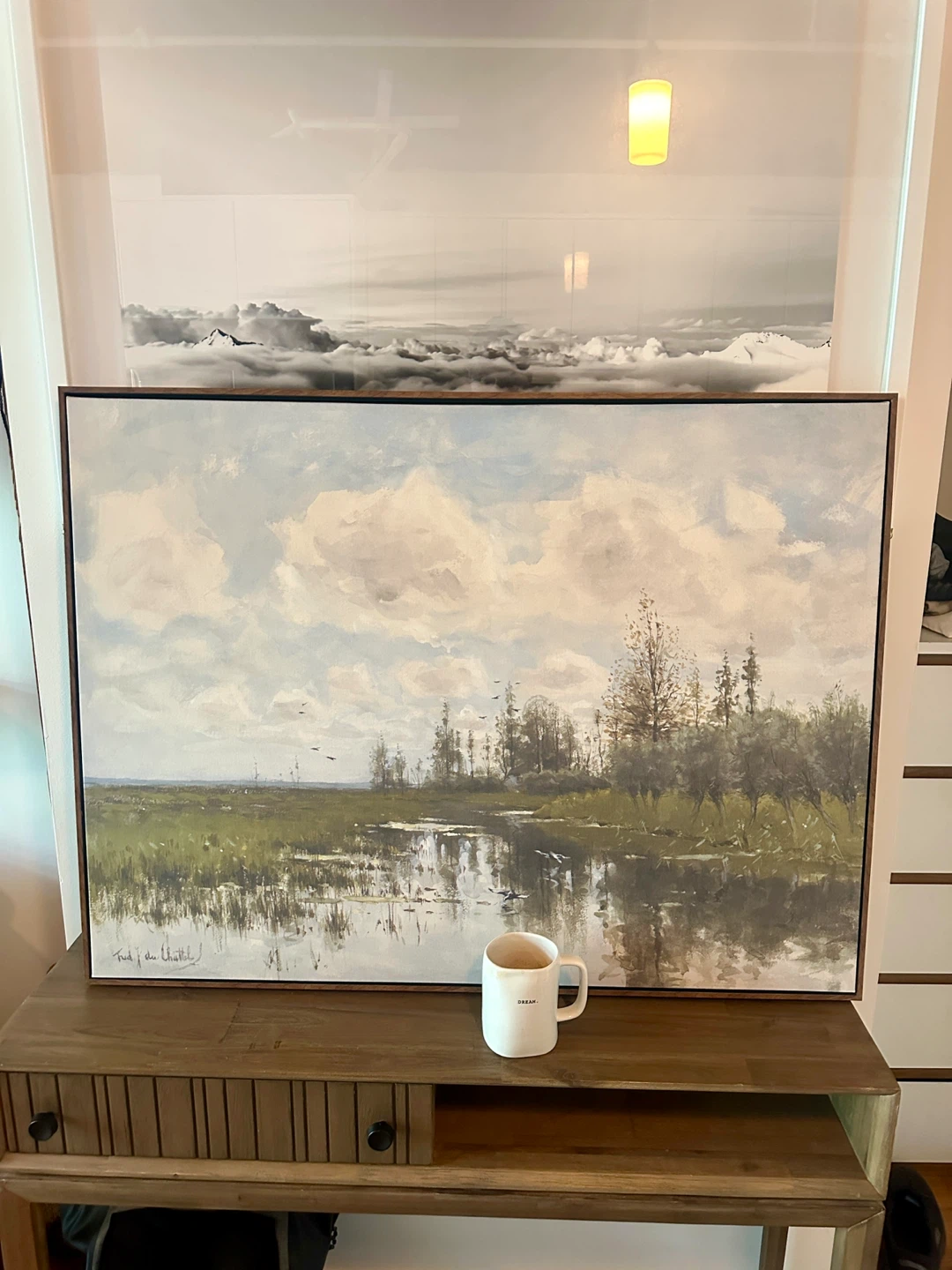 LARGE VINTAGE LANDSCAPE PAINTING WALNUT FRAME NATURE GEESE LAKE