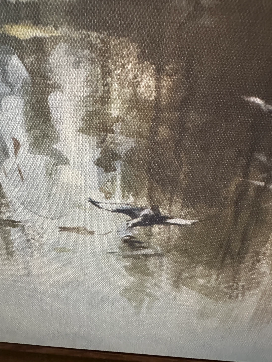 LARGE VINTAGE LANDSCAPE PAINTING WALNUT FRAME NATURE GEESE LAKE - photo 3