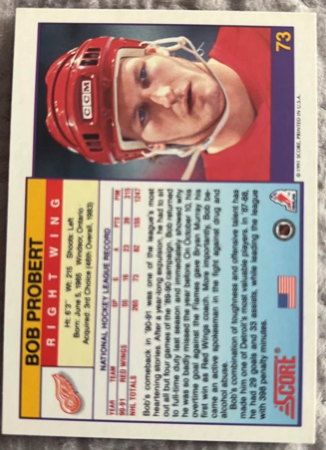 1991 Score Bob Probert Hockey Card - photo 2