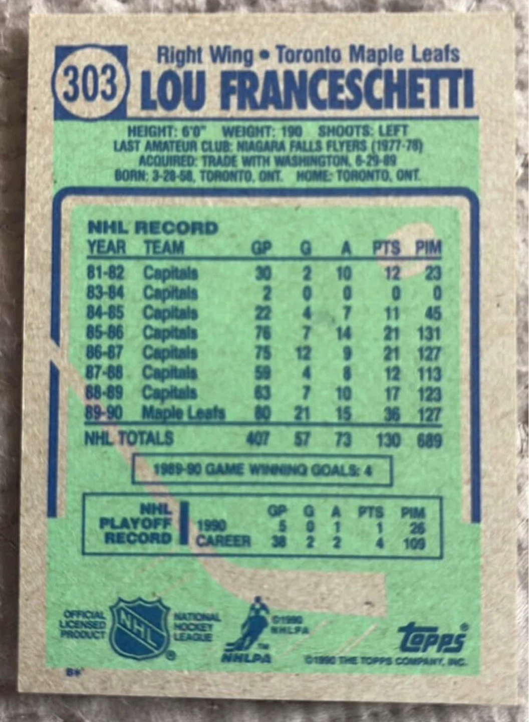1989-90 Topps Hockey Card Lou Franceschetti Toronto Maple Le303 - photo 2