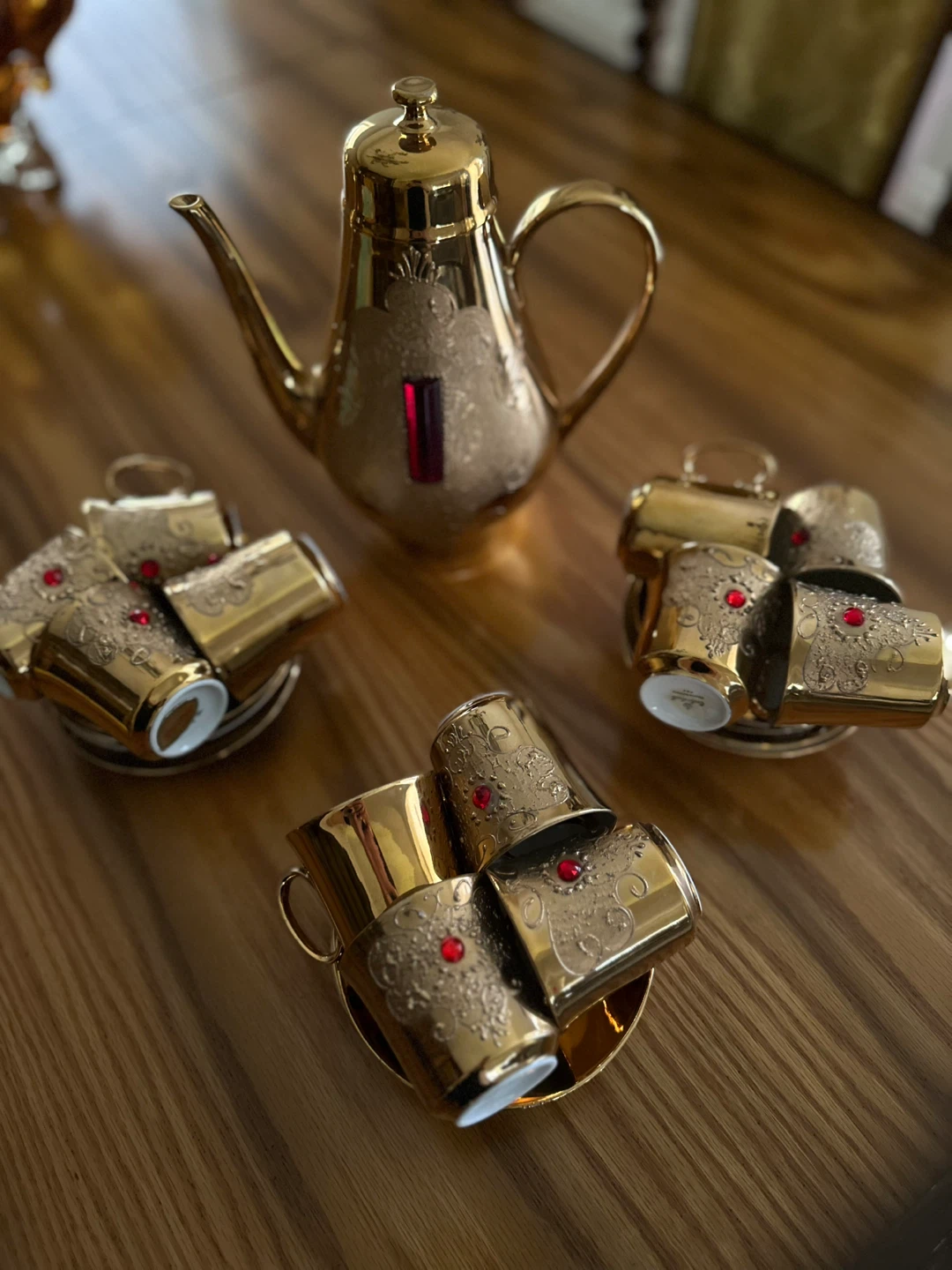 Gold Coffee Pot and Cups Set with Red Gemstones