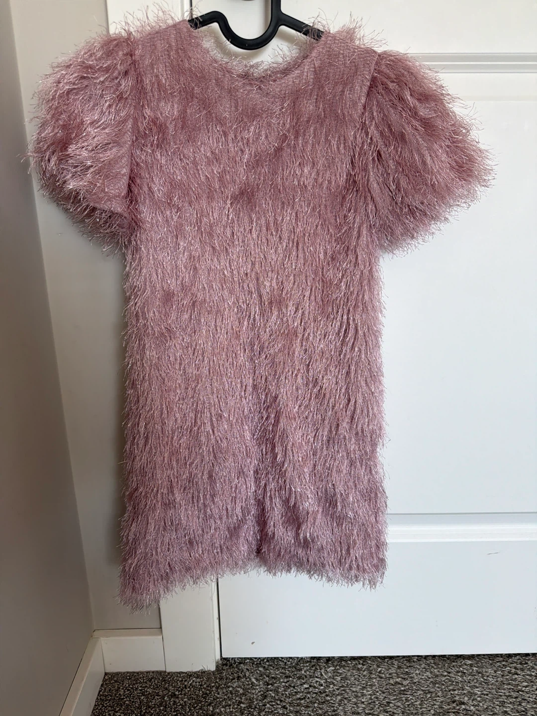 Pink Faux Fur Dress with Puffy Sleeves