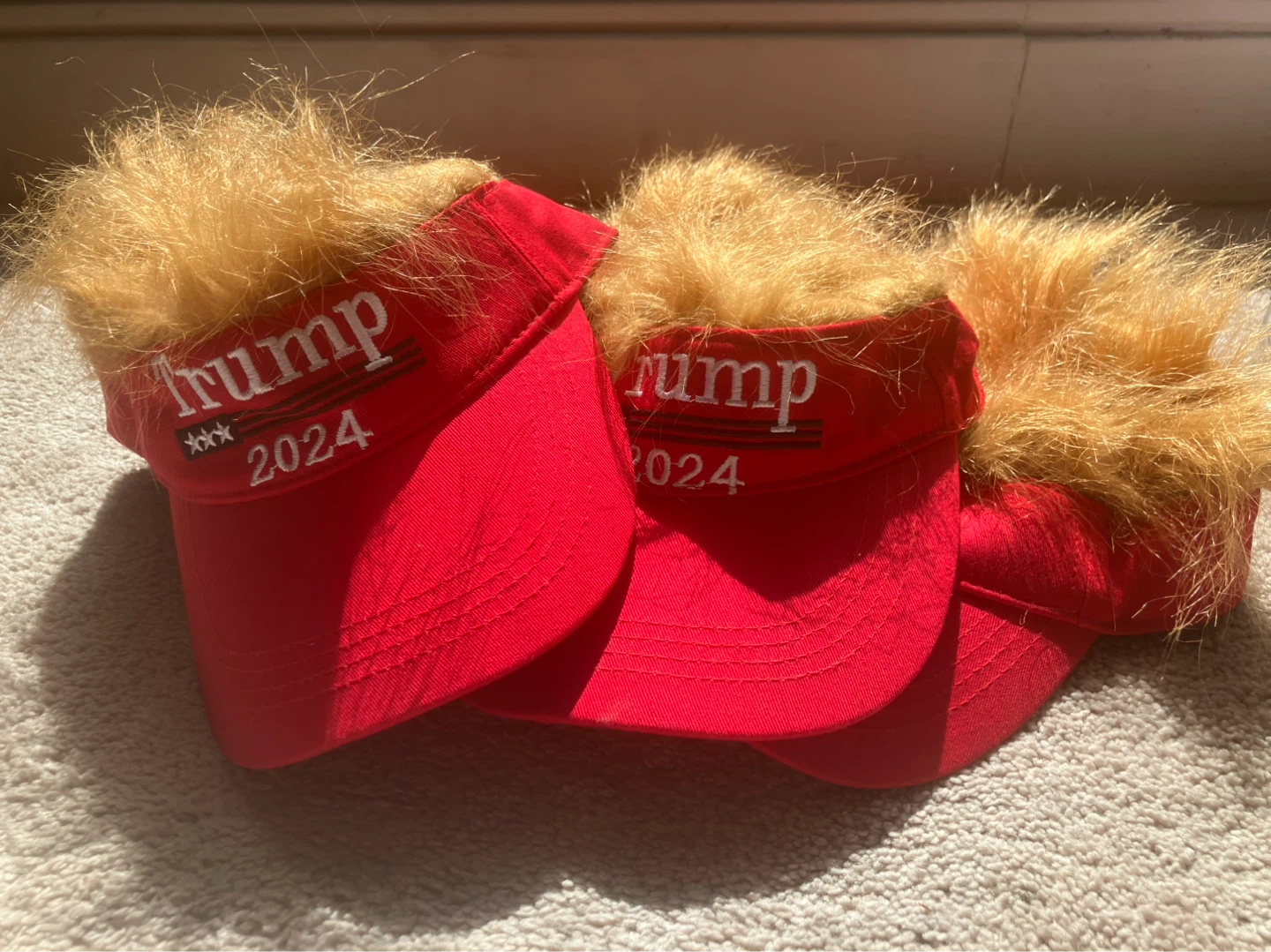 Red Trump Hat 😅 Gag Gift 🆕SET OF 3 Hat with Hair! - photo 3