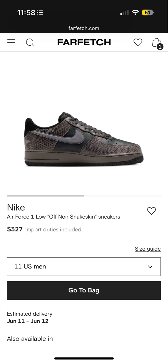 *New* Nike Air Force 1 Low Off Noir Snakeskin Sneakers