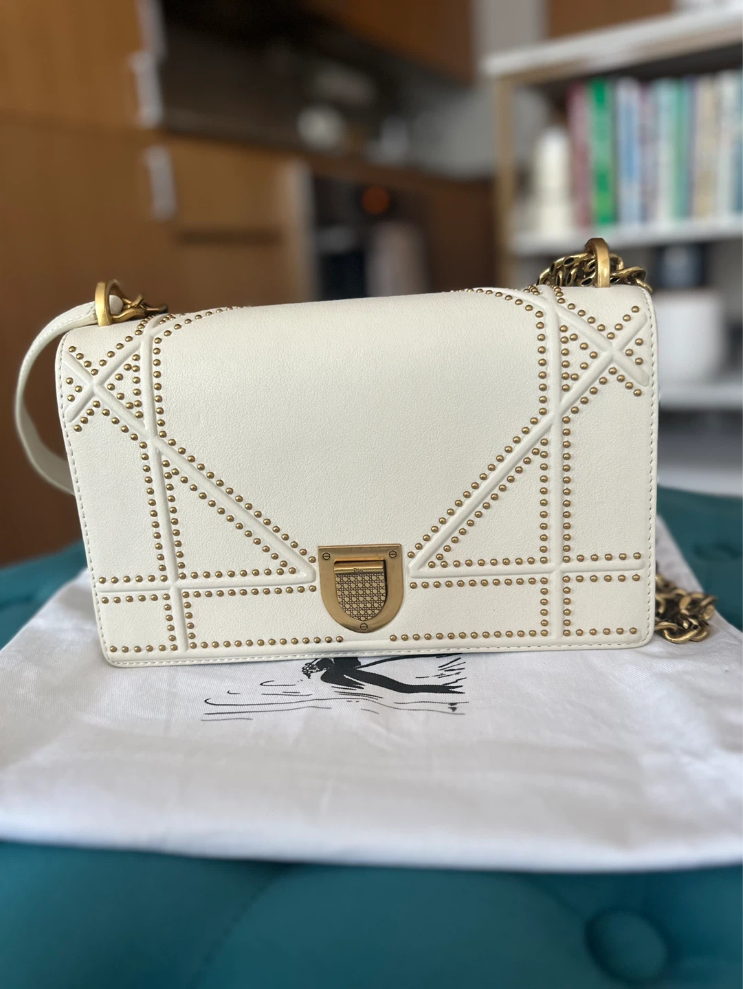 White Off Cream Studded Real Leather Shoulder Bag