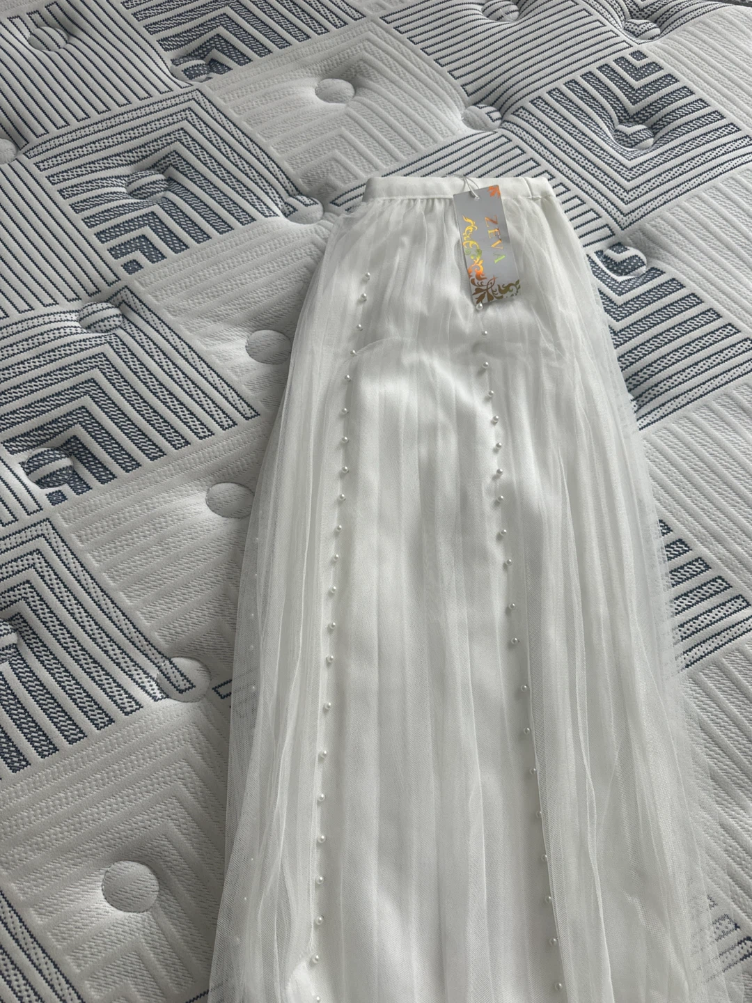 ZEVA White Tulle Skirt with Pearls