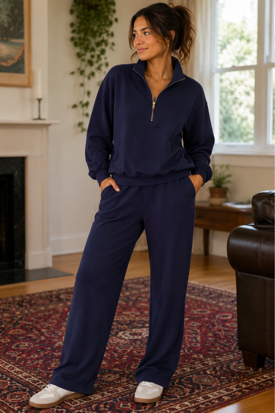 Navy Blue Sweatpants and Half-Zip Pullover Set