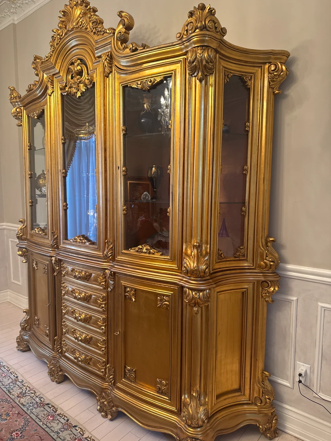 Ornate Gold Display Cabinet with Drawers
