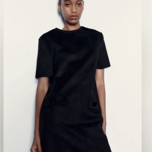 ZARA Basic XS Faux Suede Dress Black mini for work or casual | Karrot ZARA Basic XS Faux Suede Dress Black mini for work or casual | Karrot