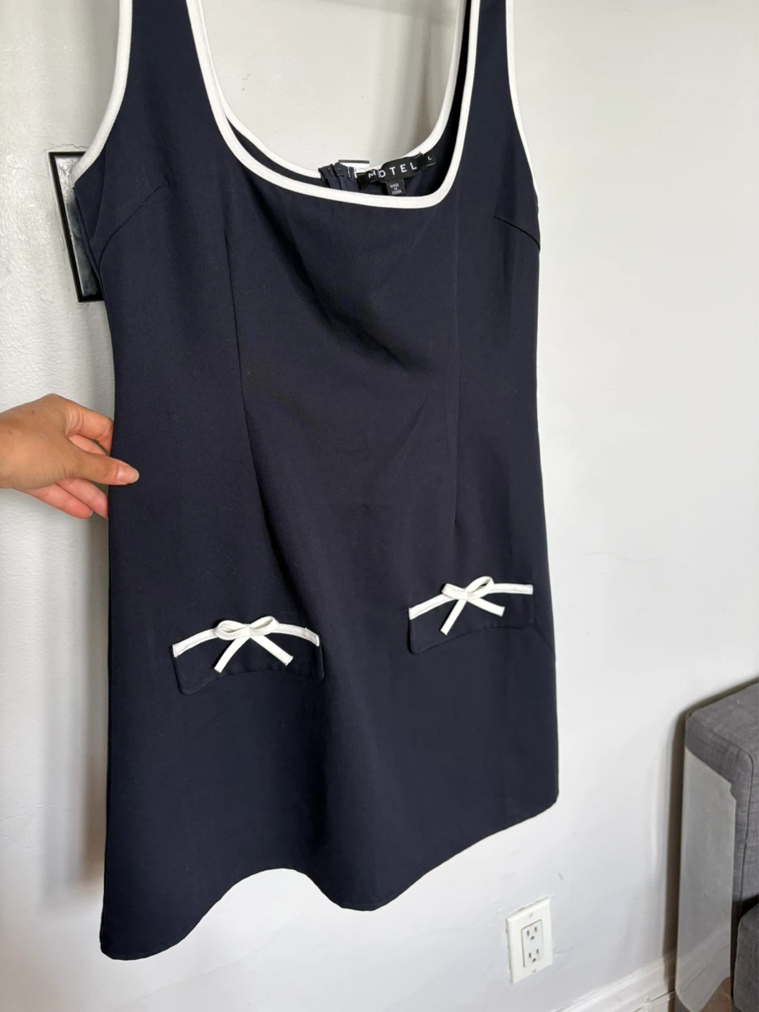 Motel Navy Mini Dress with White Trim and Bows - Size L - photo 3