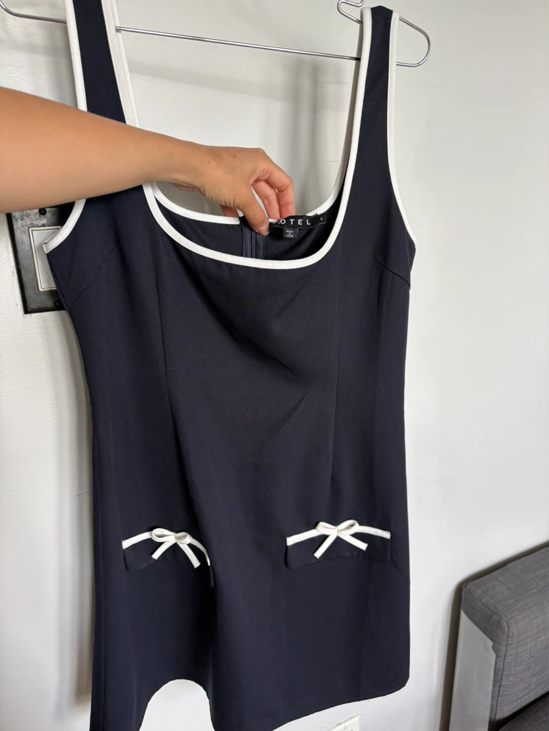 Motel Navy Mini Dress with White Trim and Bows - Size L - photo 2