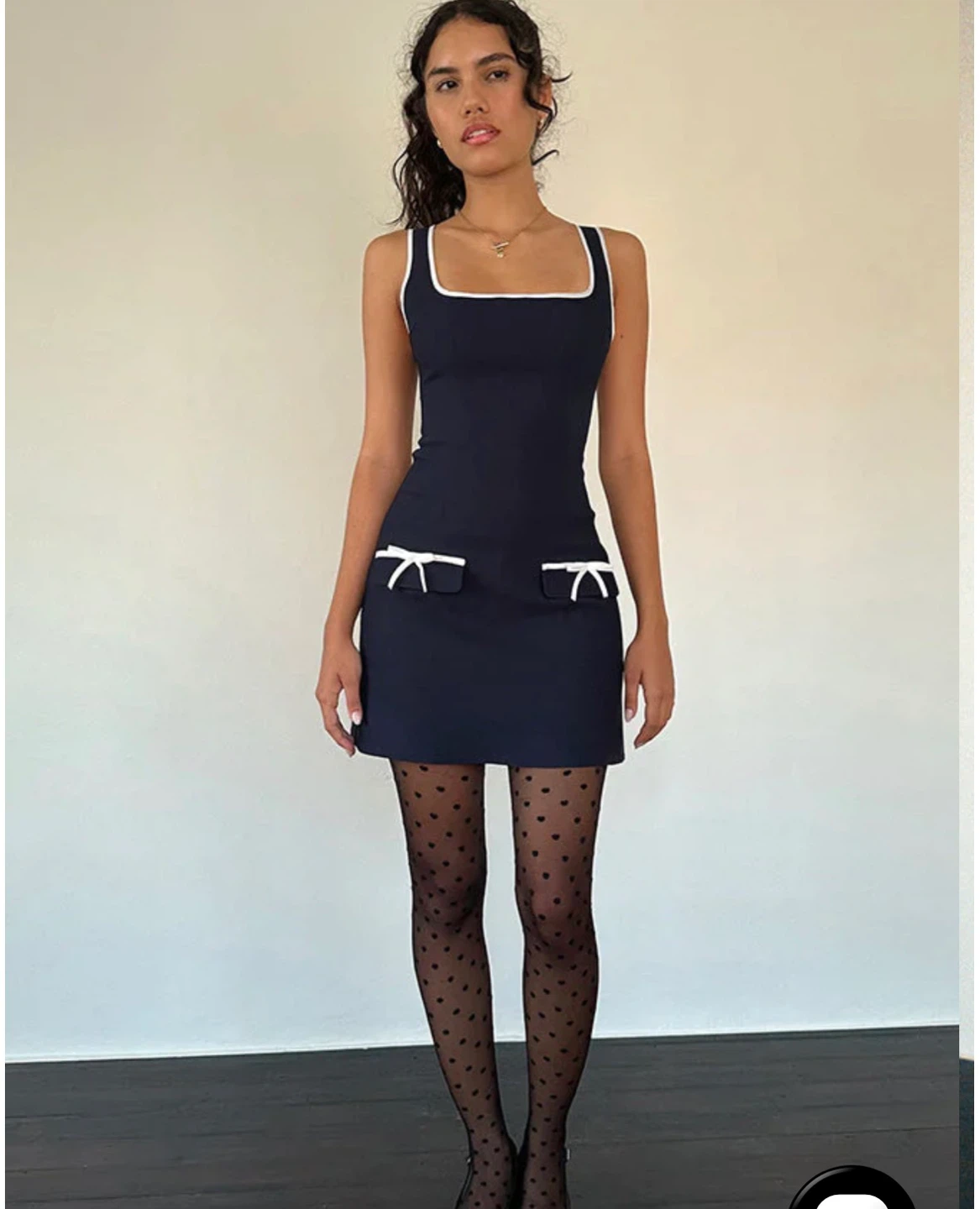 Motel Navy Mini Dress with White Trim and Bows - Size L - photo 5