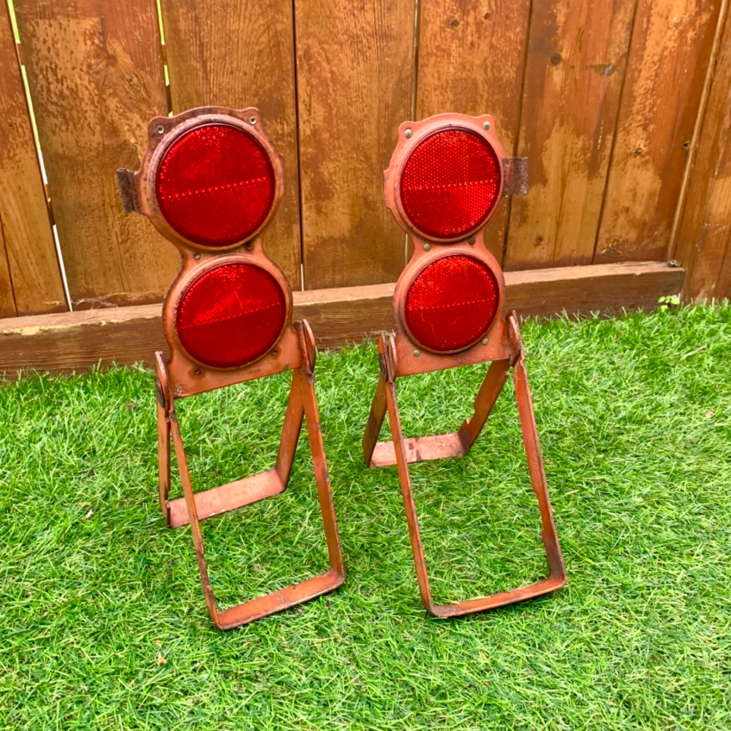 Vintage Reflectors Safety Reflectors Metal Stands Tools Pair 2
