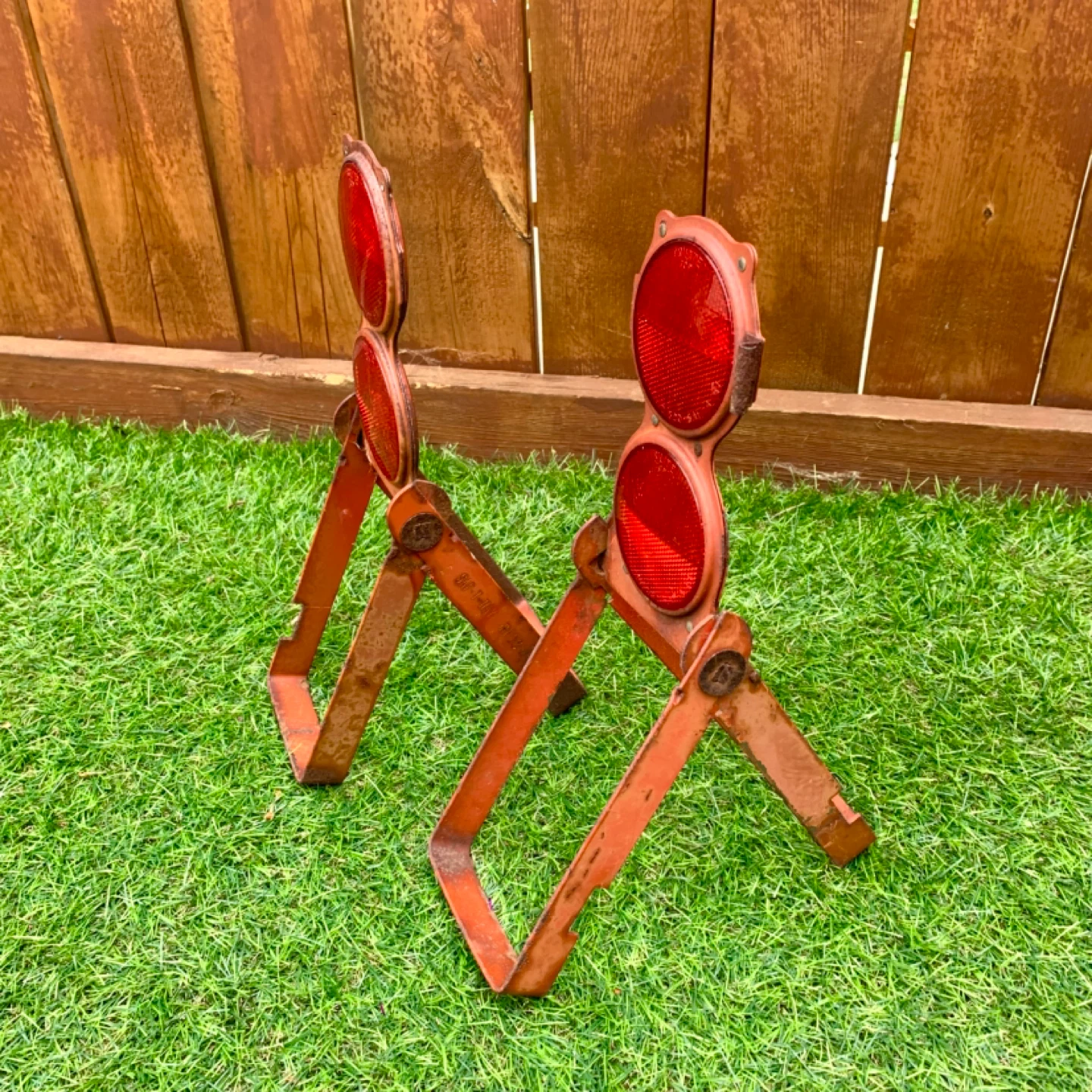 Vintage Reflectors Safety Reflectors Metal Stands Tools Pair 2 - photo 3