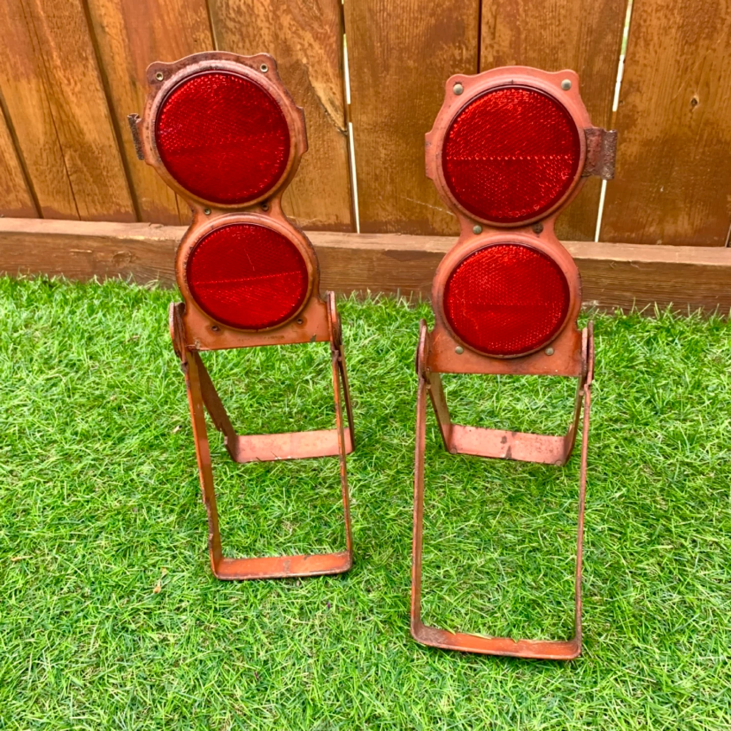Vintage Reflectors Safety Reflectors Metal Stands Tools Pair 2 - photo 2