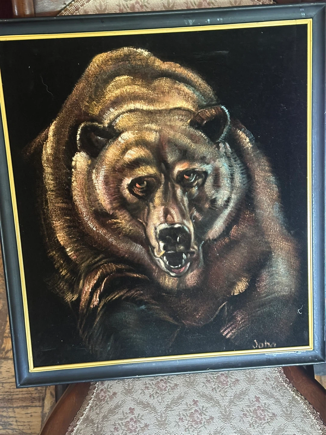 Signed Vintage grizzly velvet painting
