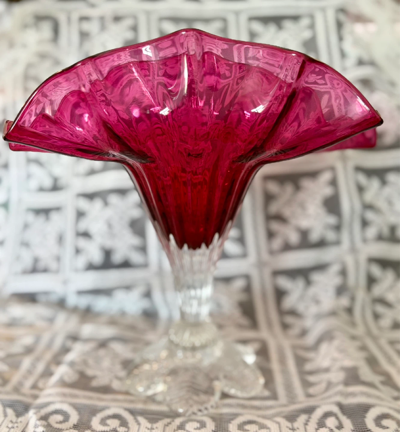 Vintage Cranberry Glass Pedestal Vase Ruffled Rim - photo 2