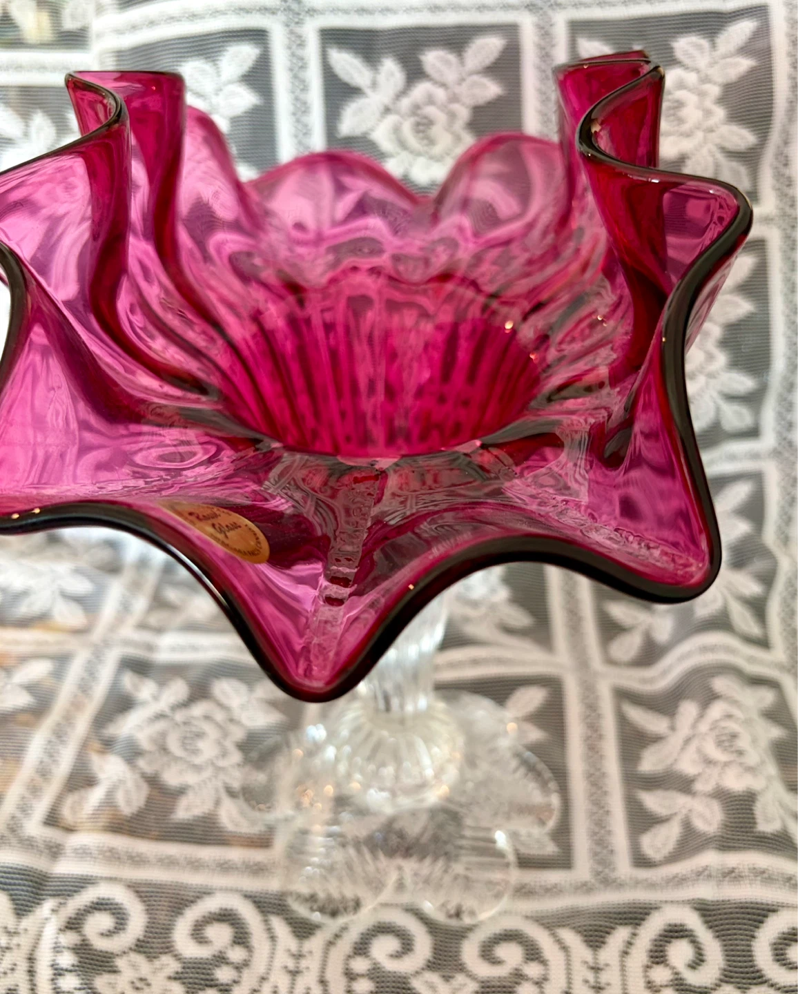 Vintage Cranberry Glass Pedestal Vase Ruffled Rim - photo 5
