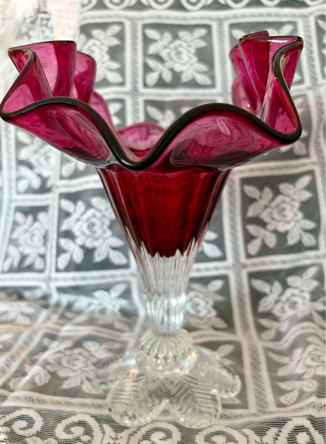 Vintage Cranberry Glass Pedestal Vase Ruffled Rim