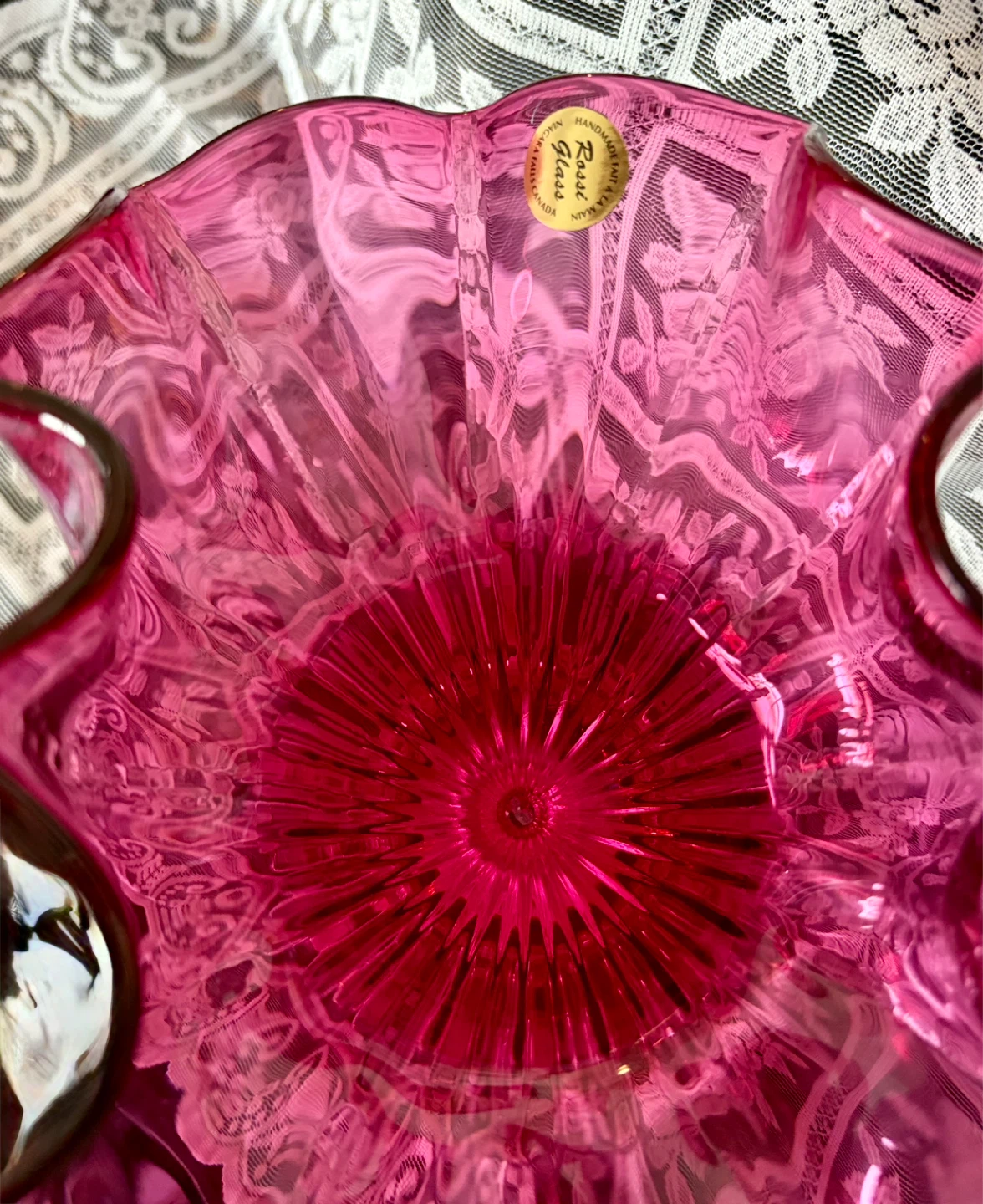 Vintage Cranberry Glass Pedestal Vase Ruffled Rim - photo 3