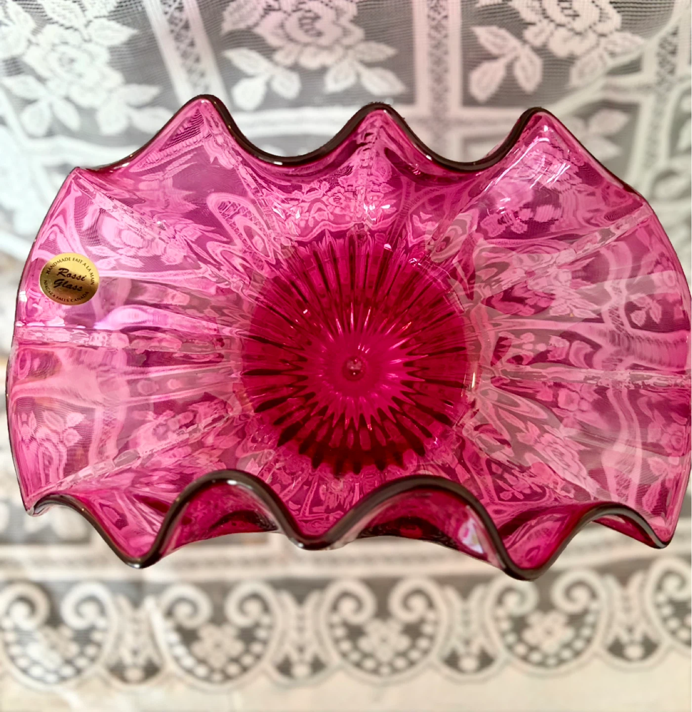 Vintage Cranberry Glass Pedestal Vase Ruffled Rim - photo 4