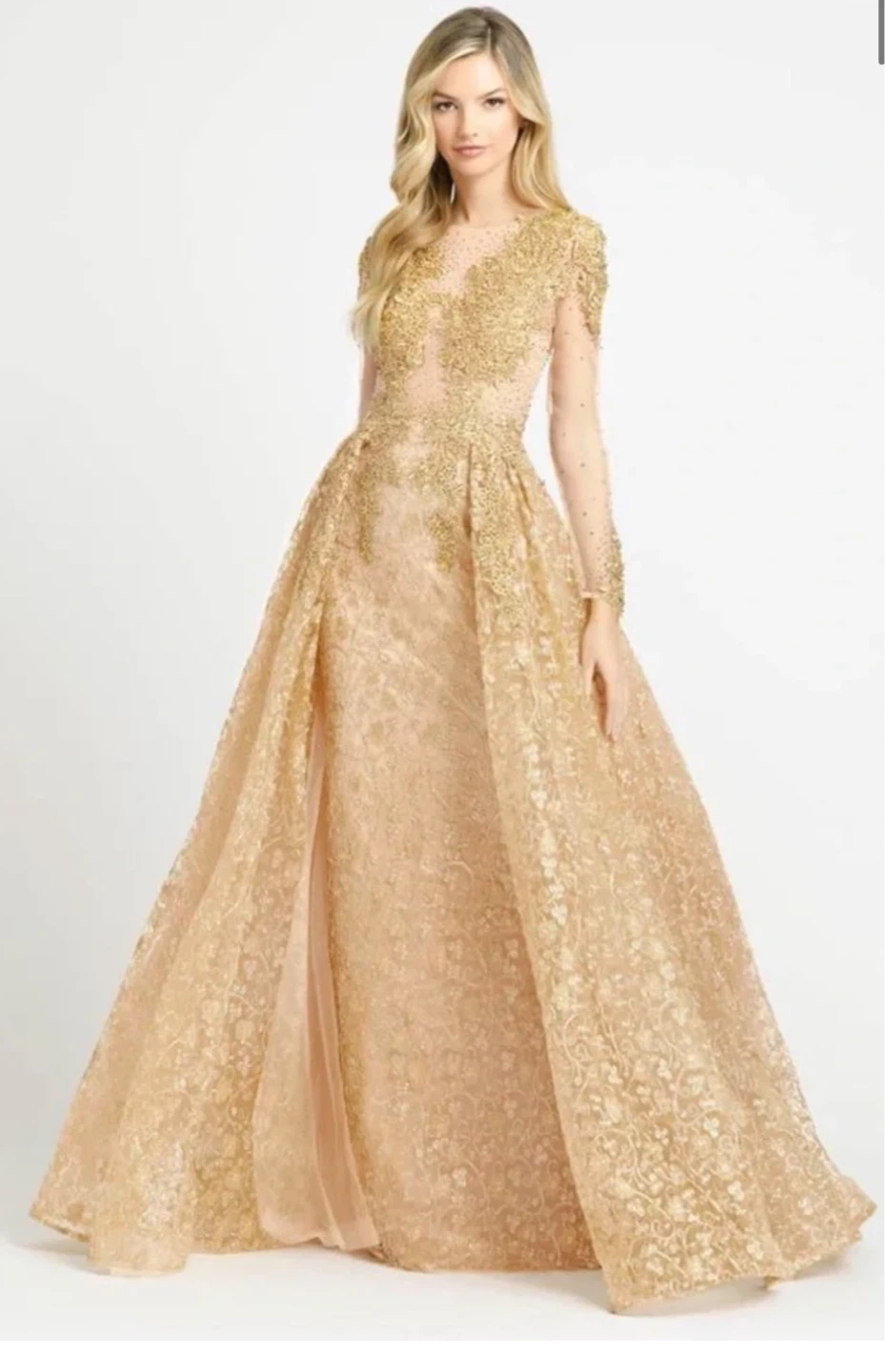 Gold Beaded Long Sleeve Formal Gown