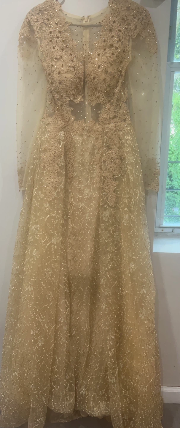 Gold Beaded Long Sleeve Formal Gown - photo 3