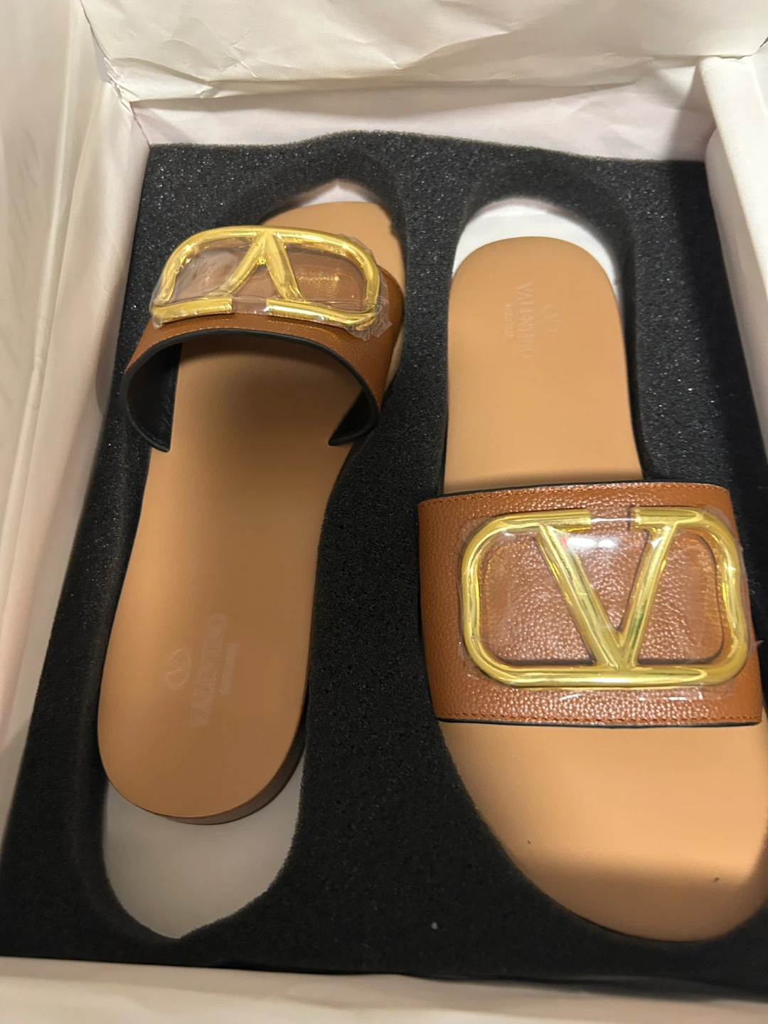 Valentino Garavani Brown Leather Slide Sandals
