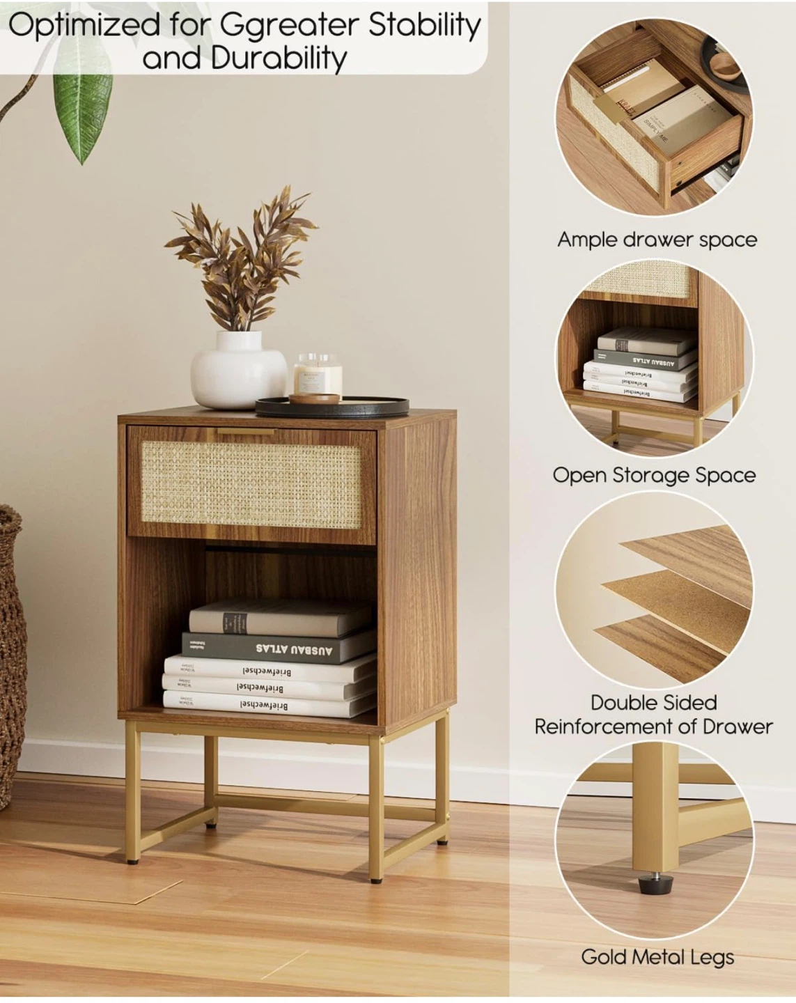 Rattan Nightstand with Drawer - photo 3
