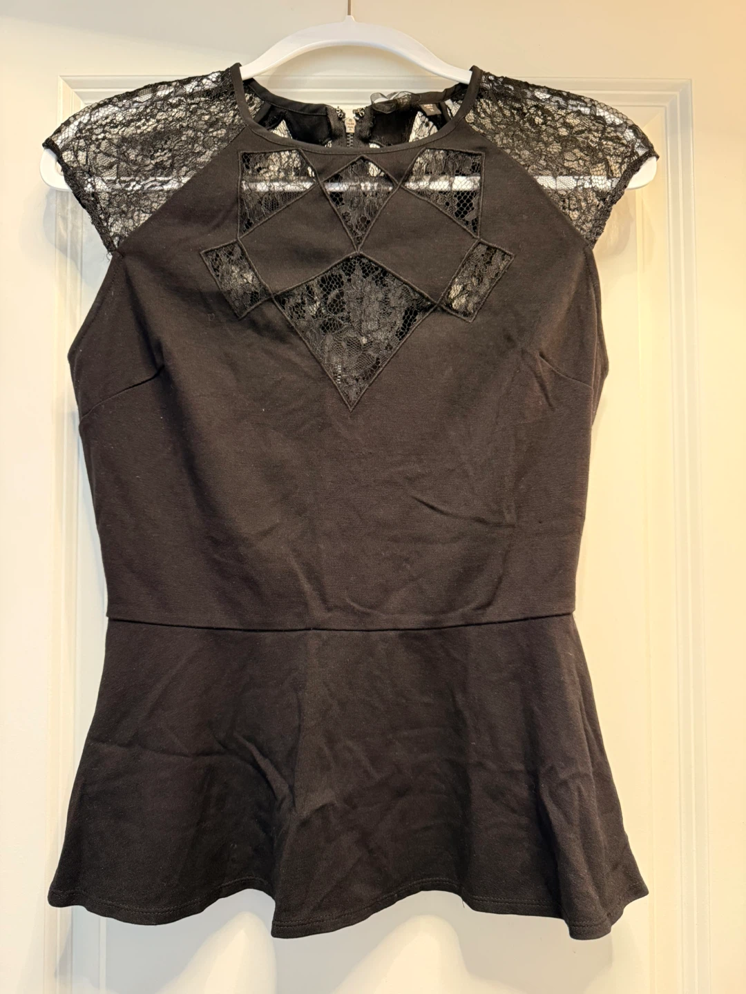 Guess Black Peplum Top with Lace Details