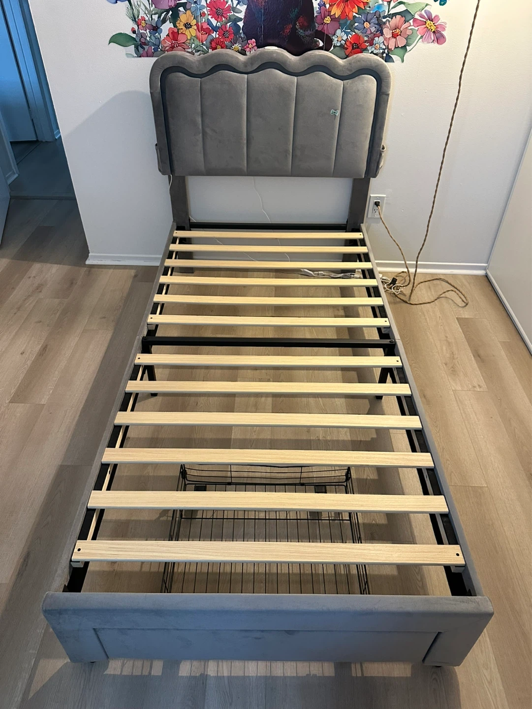 Grey Velvet Twin Bed Frame with Mattress
