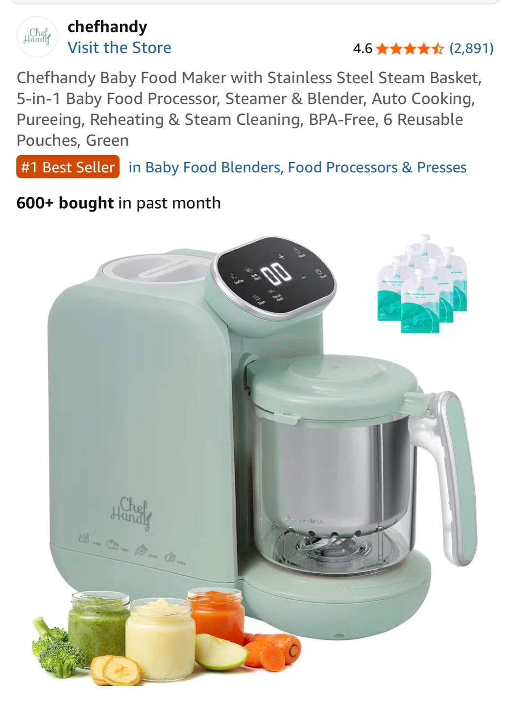 ChefHandy Baby Food Processor Steamer & Blender Green - photo 3