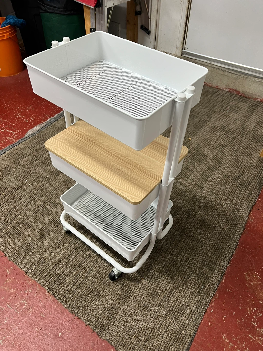 White 3-Tier Rolling Storage Cart with Wooden Top - photo 3