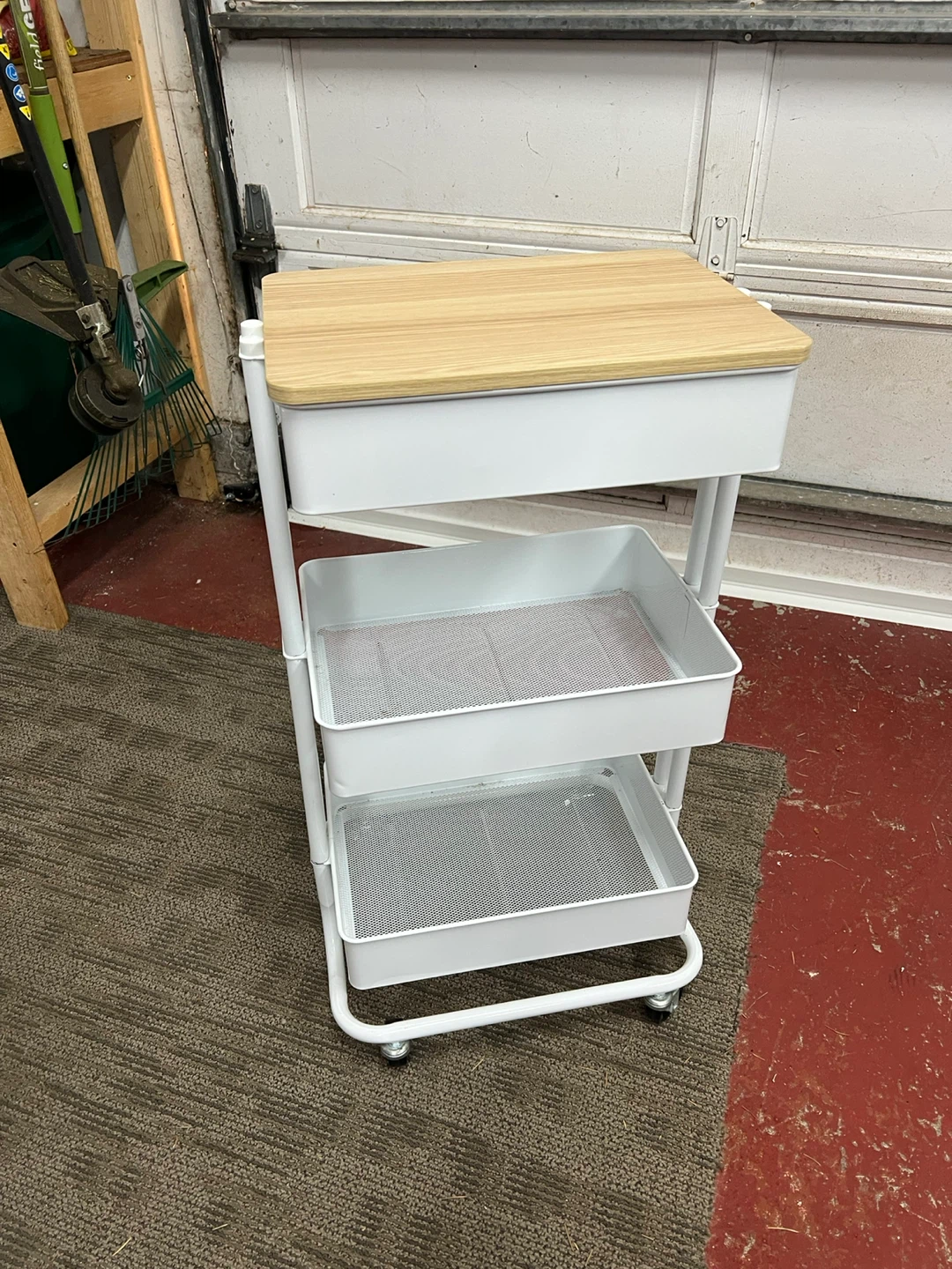 White 3-Tier Rolling Storage Cart with Wooden Top