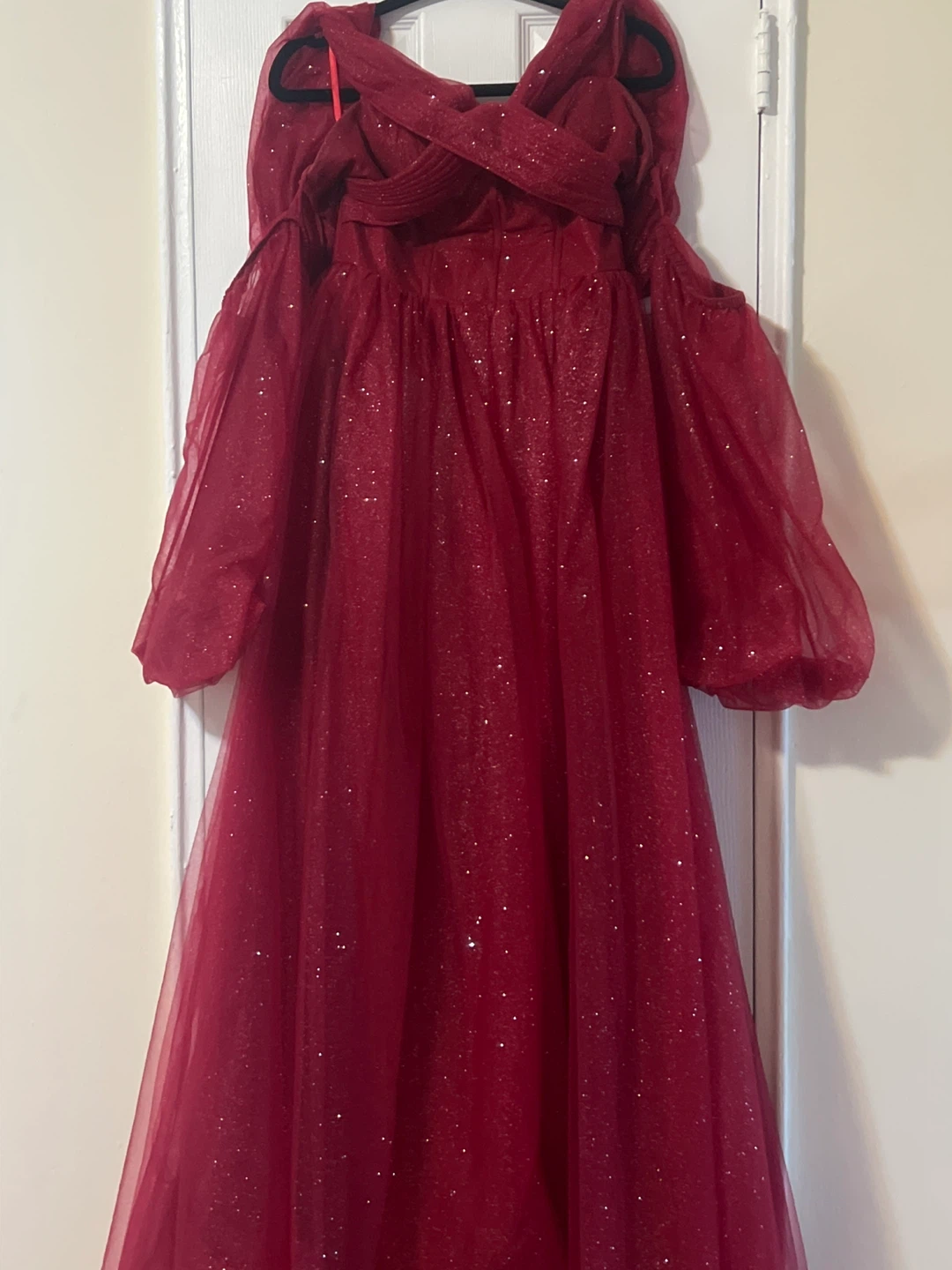 Sparkly Red Tulle Gown with Puff Sleeves