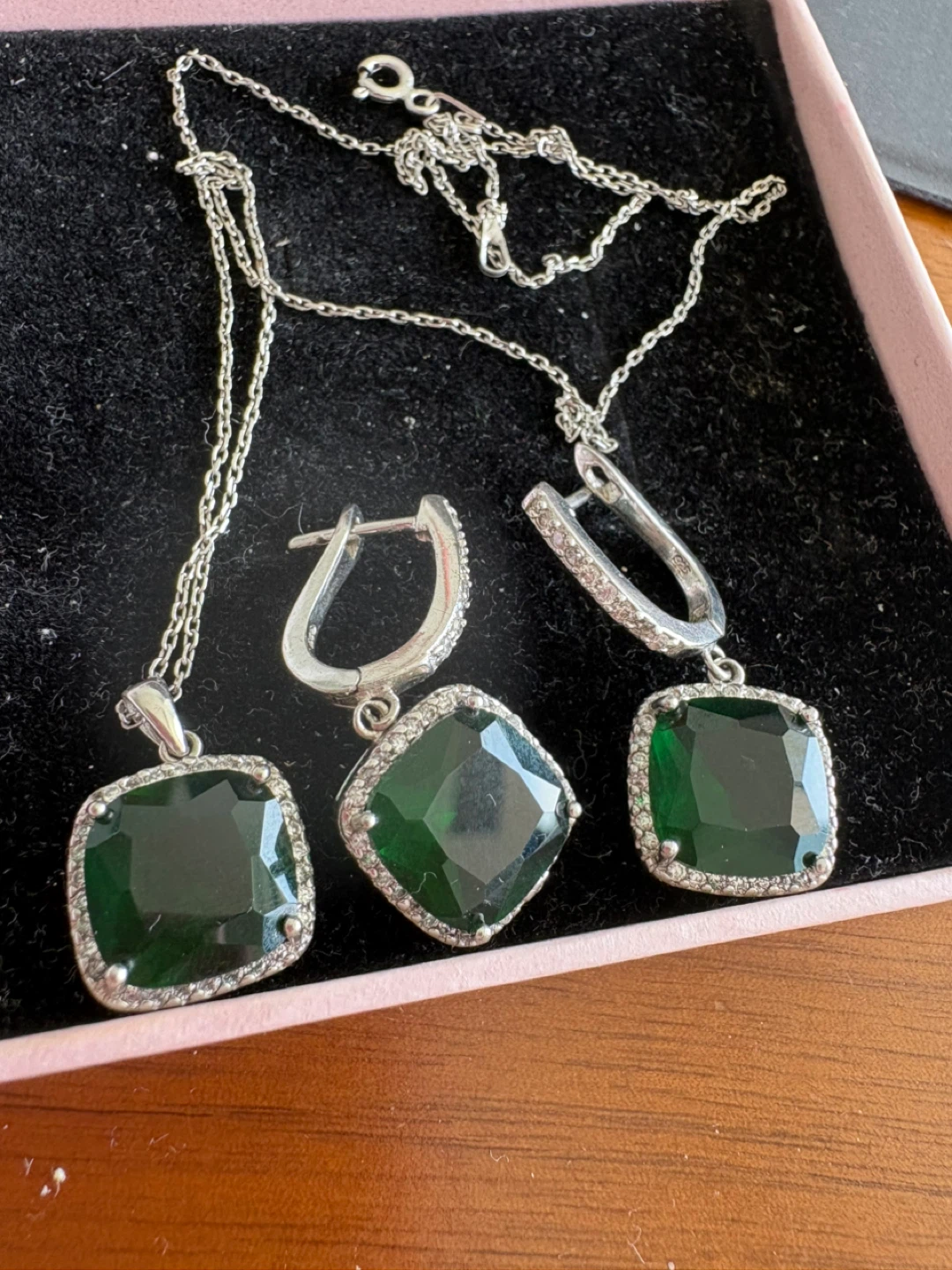 Emerald Green Cushion Cut Necklace and Earrings Set