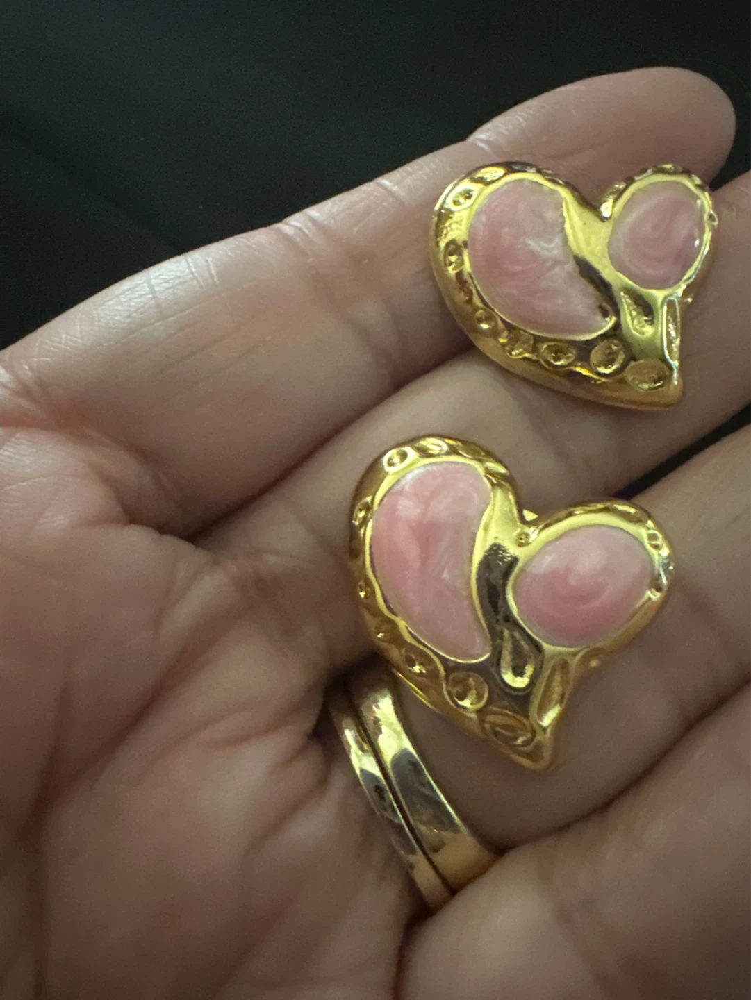 Gold laminated Heart Earrings with Pink Enamel