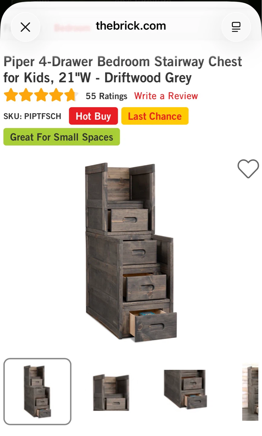 Piper 4-Drawer Bedroom Stairway Chest for Kids - Driftwood Grey