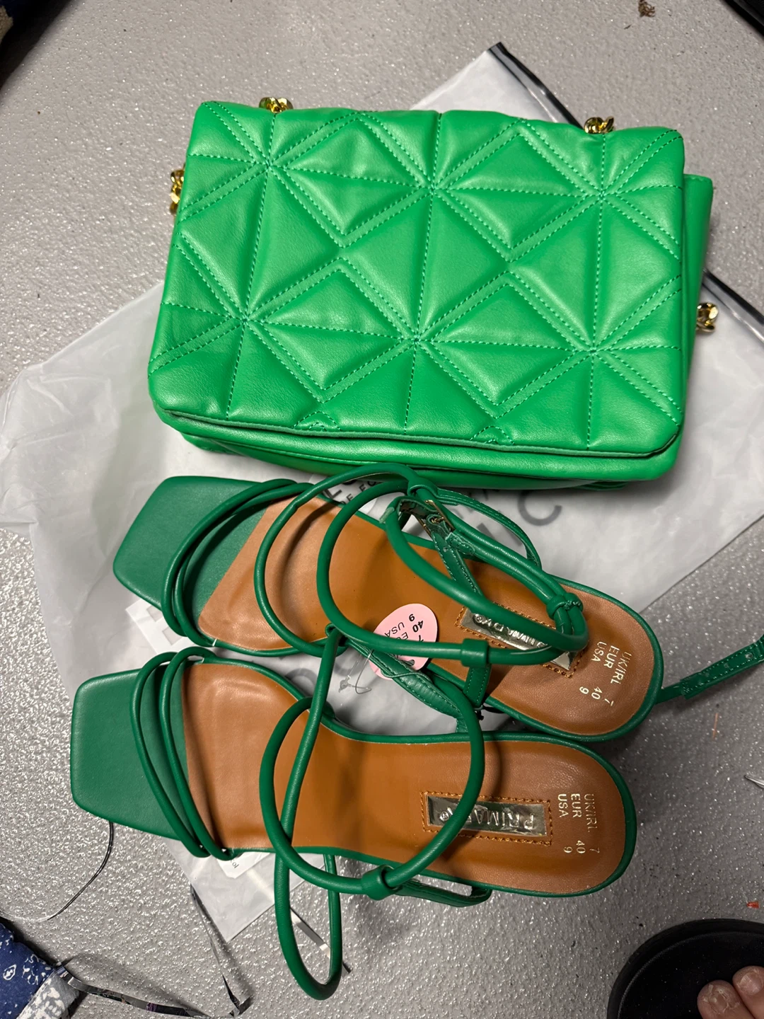 Green Quilted Handbag and Strappy Wedge Sandals Set - photo 4