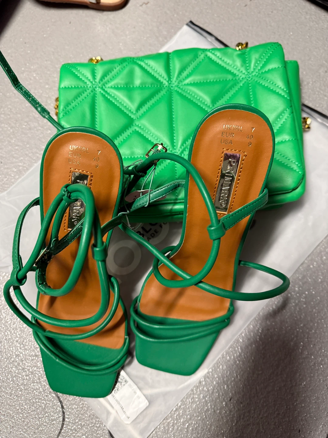 Green Quilted Handbag and Strappy Wedge Sandals Set