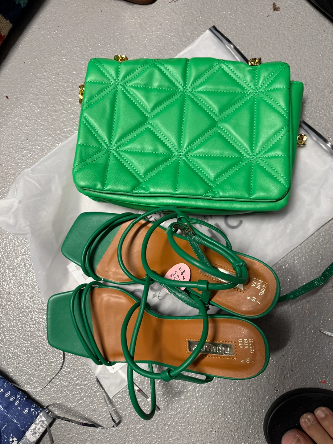 Green Quilted Handbag and Strappy Wedge Sandals Set - photo 3