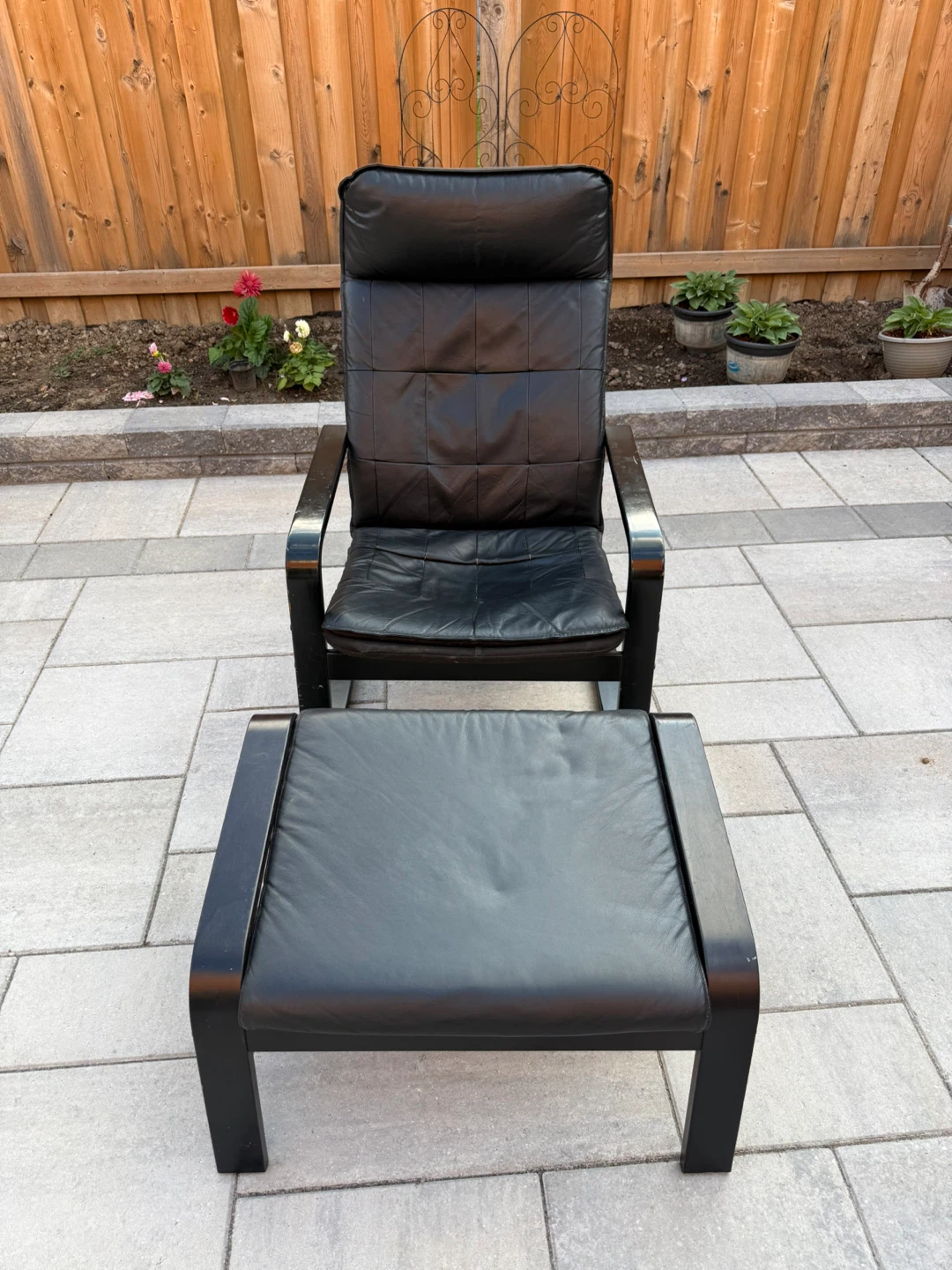 Black Leather High-Back Armchair with Ottoman