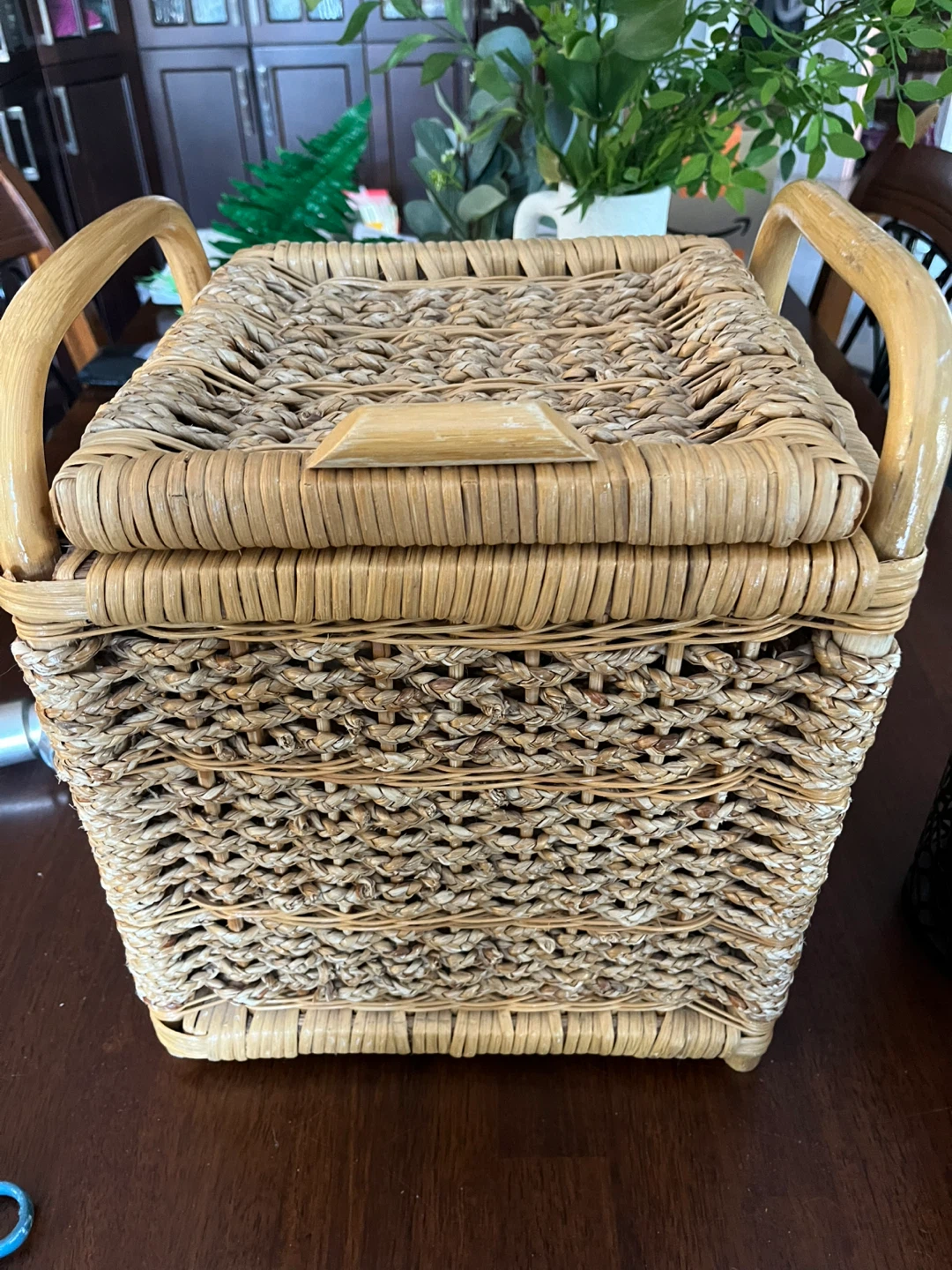 Small Hard wicker and wood storage basket with lid
