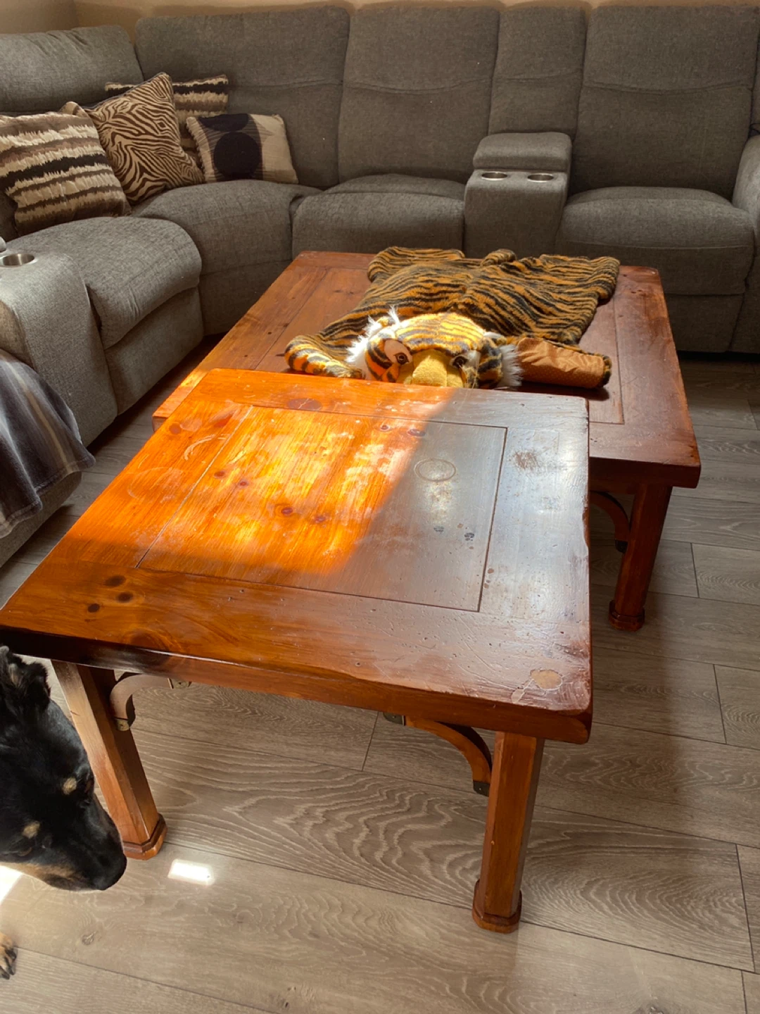 Wooden Coffee Table with Tiger Blanket and one end table