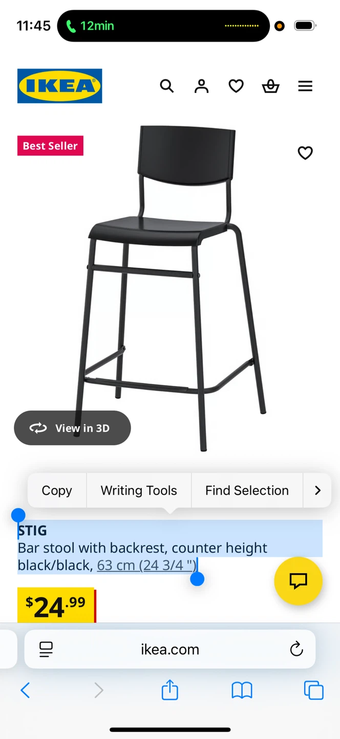 brand new in package IKEA STIG Bar stool with backrest, black