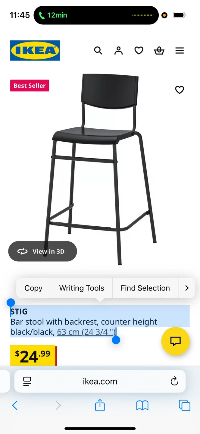 brand new in package IKEA STIG Bar stool with backrest, black