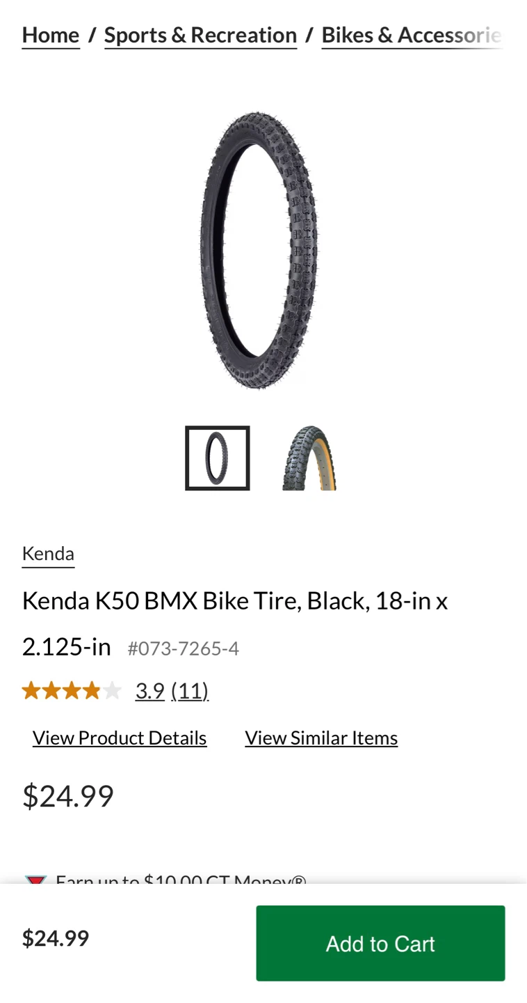 Kenda K50 BMX Bike Tire - Black 18-in x 2.125-in