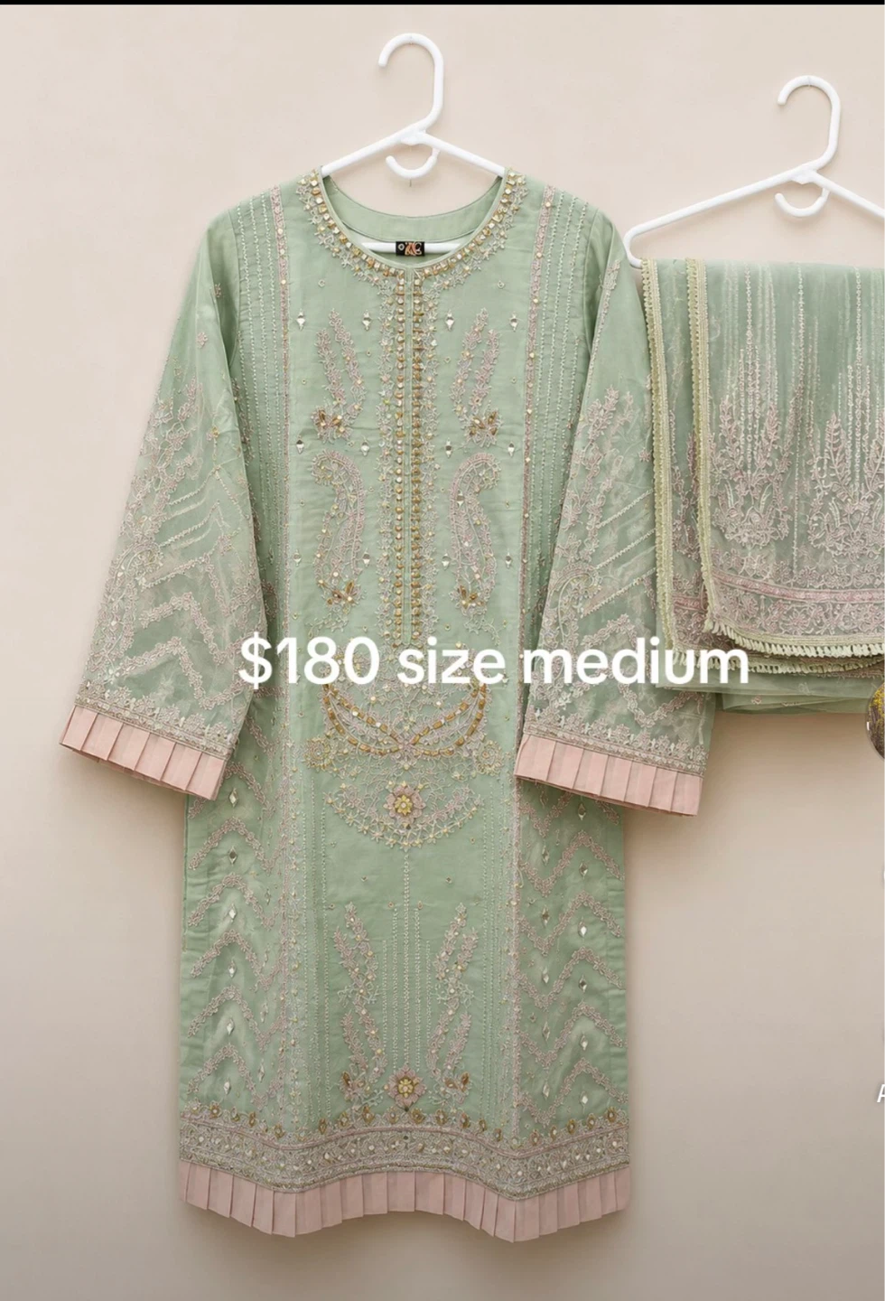 Embellished Mint Green Shirt trousser with Dupatta - Size Medium