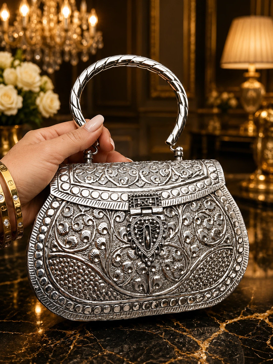 Ornate Silver Clutch Evening Bag - photo 4
